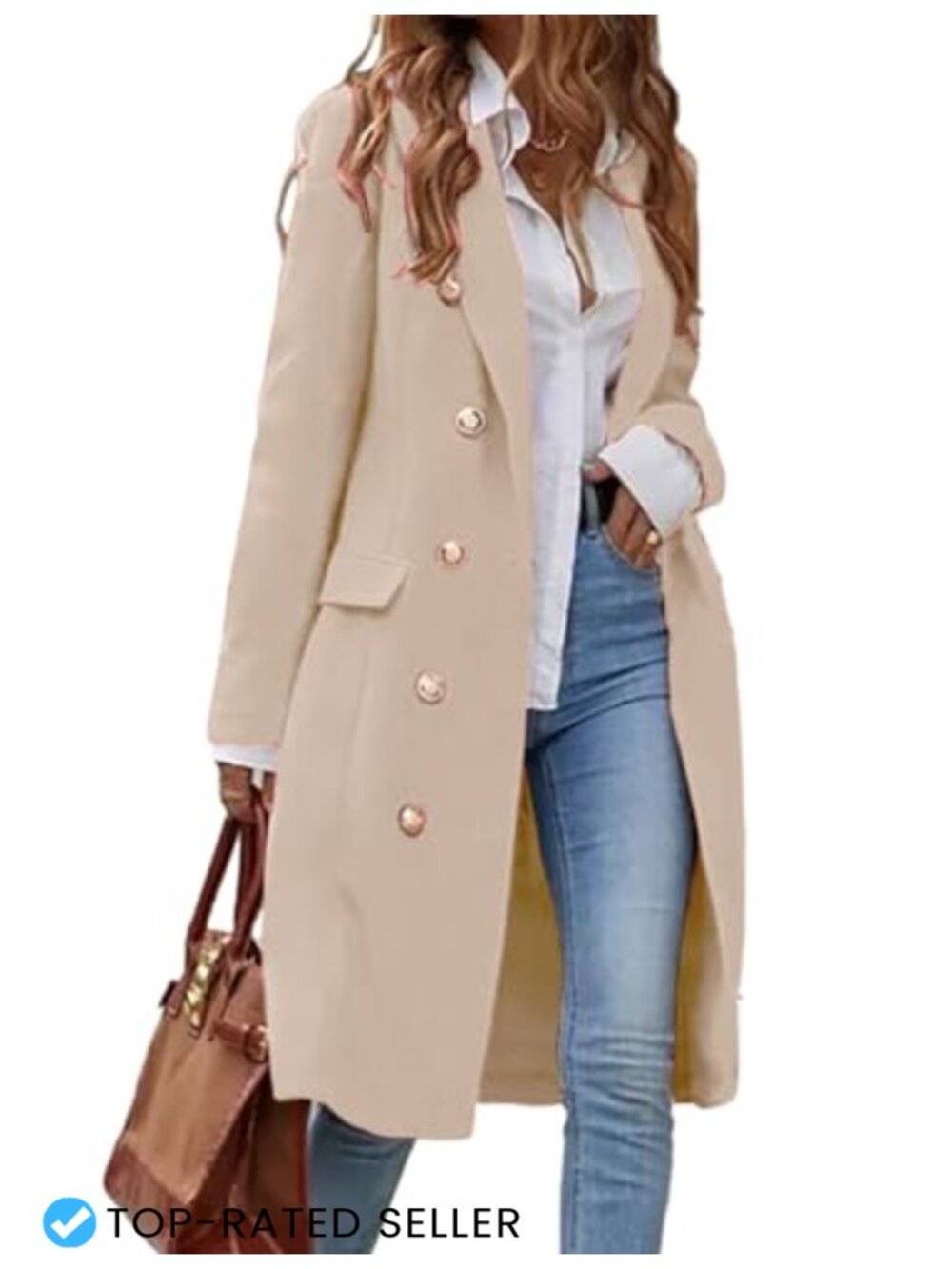 Wool Blend Double Breasted Pea Coat Notch Lapel Knee Length